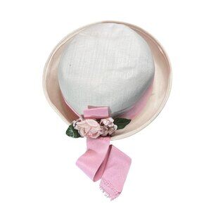 Vintage White Woven Straw Pink Floral Ribbon Tie Easter Bonnet Tea Party Girls